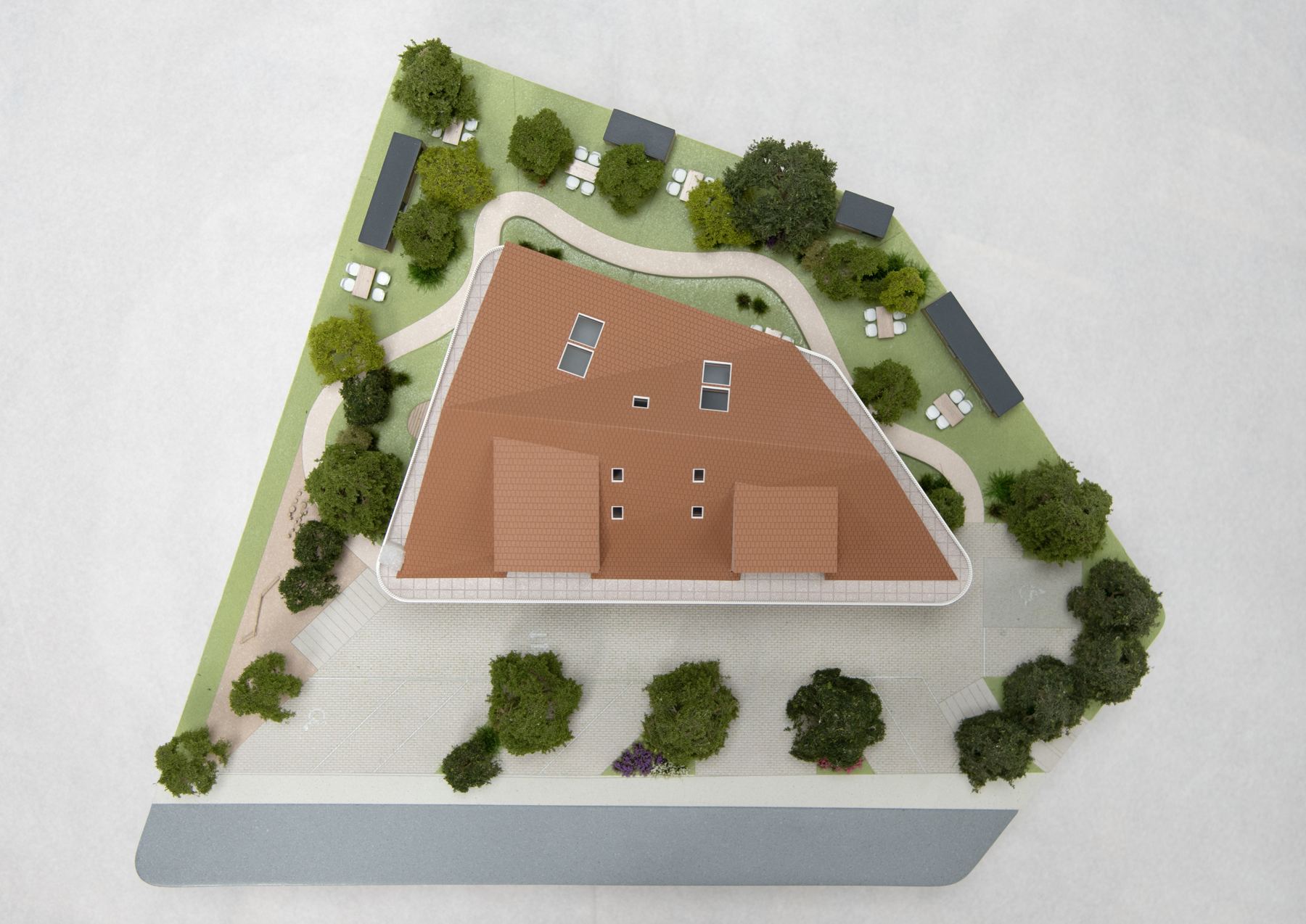Vue de dessus de la maquette, aménagements extérieurs